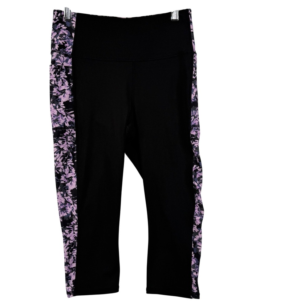Skechers M Capri Leggings Black Purple Floral Side Pocket CP12C UPF 40+ Athletic